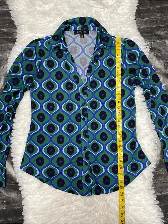 TRUTH REPUBLIC GEOMETRIC PRINT BUTTON DOWN BLOUSE Y2K CYBER GRUNGE RETRO - Picture 4 of 6